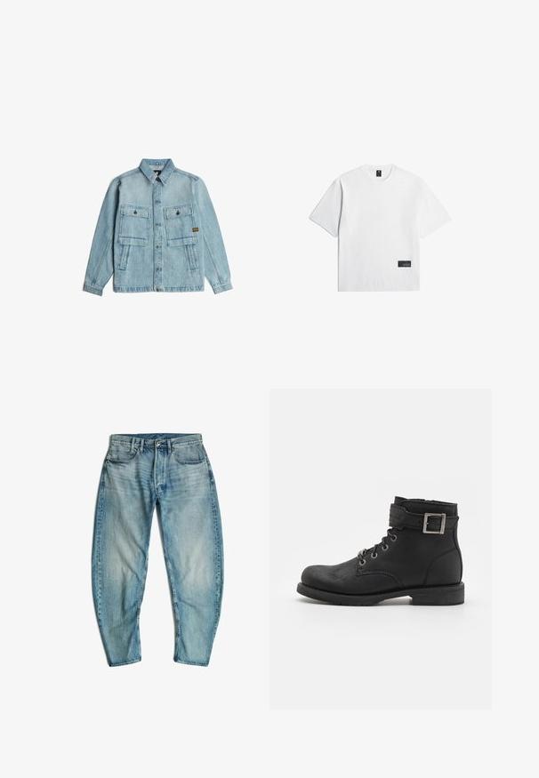 Hellblaue Jeansjacke mit langen Ärmeln, Knopfleiste vorne, zwei großen, mit Knöpfen verschließbaren Brusttaschen und zwei seitlichen Schlitztaschen.; Schlichtes weißes Kurzarm-T-Shirt mit Rundhalsausschnitt und einem kleinen schwarzen rechteckigen Etikett nahe dem unteren Saum auf der Vorderseite.; Hellblaue, ausgewaschene Denim-Jeans mit Fronttaschen, Gürtelschlaufen, Knopfverschluss und leicht zulaufenden Beinen, flach auf weißem Hintergrund liegend.; Schwarze Leder-Ankle-Boots mit schnürbarem Design, Metallbeschlägen und einem seitlichen Riemen mit Schnallendetail. Robuste Sohle und glatte Textur.