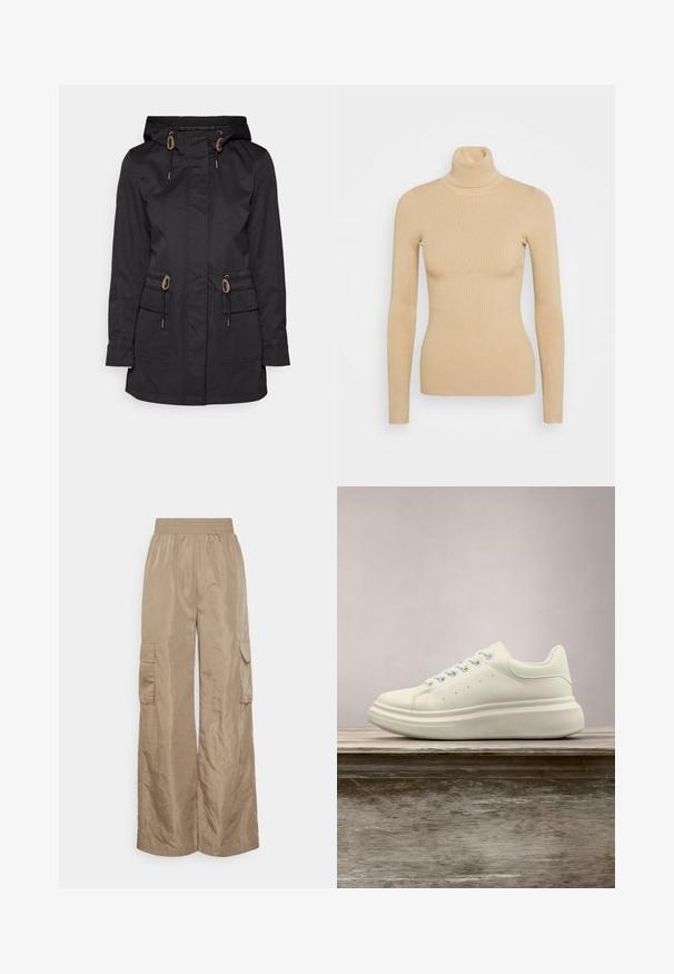Veste imperméable noire avec capuche, accents de cordon de serrage, deux poches avant et coupe droite. Fabriquée dans un tissu lisse et texturé.; Pull à col roulé beige côtelé avec des manches longues, présentant une silhouette ajustée et une texture lisse. Pas de matériel ou de motifs visibles.; Even&Odd Tall Pantalon cargo - beige; Baskets en cuir blanc avec un bout rond, une texture lisse et des lacets contrastants. Dotées de trous de ventilation et d'une semelle en caoutchouc épaisse pour le confort.