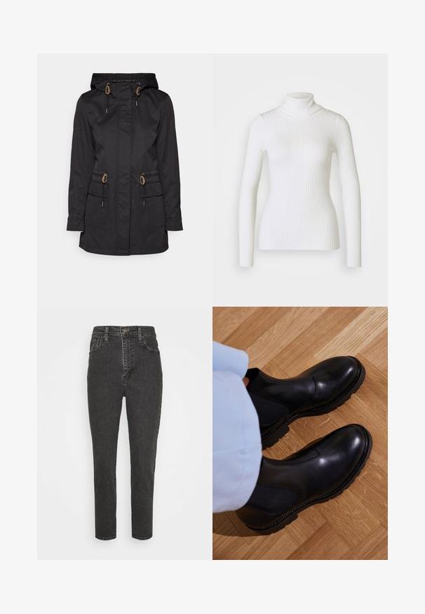 Schwarze wasserdichte Jacke mit Kapuze, Kordelzug-Akzenten, zwei Vorderaschs und gerader Schnitt. Aus glattem, strukturiertem Material.; Weißer gerippter Rollkragenpullover mit langen Ärmeln, der ein tailliertes Design und eine weiche Textur aufweist. Flacher Kragen und nahtloser Look.; Schwarze, hoch geschnittene Denim-Jeans mit Slim Fit, versehen mit einem Knopfverschluss, Gürtelschlaufen und klassischem Fünf-Taschen-Design.; Schwarze Knöchelstiefel aus glattem Leder mit elastischen Seiteneinsätzen, einer strukturierten Gummisohle und kontrastierenden Nähten entlang der Kante.