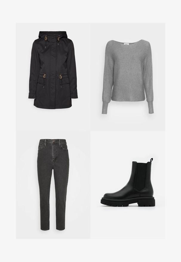 Veste imperméable noire avec capuche, accents de cordon de serrage, deux poches avant et coupe droite. Fabriquée dans un tissu lisse et texturé.; Pull gris à côtes avec des manches longues et un large col bateau. Fabriqué en matière tricotée douce avec une finition texturée.; Jeans en denim noir taille haute avec une coupe slim, dotés d'une fermeture à bouton, de passants de ceinture et d'un design classique à cinq poches.; Des bottes Chelsea noires en cuir présentent une surface lisse, des panneaux latéraux élastiques, une languette et une semelle en caoutchouc épaisse avec un motif texturé.