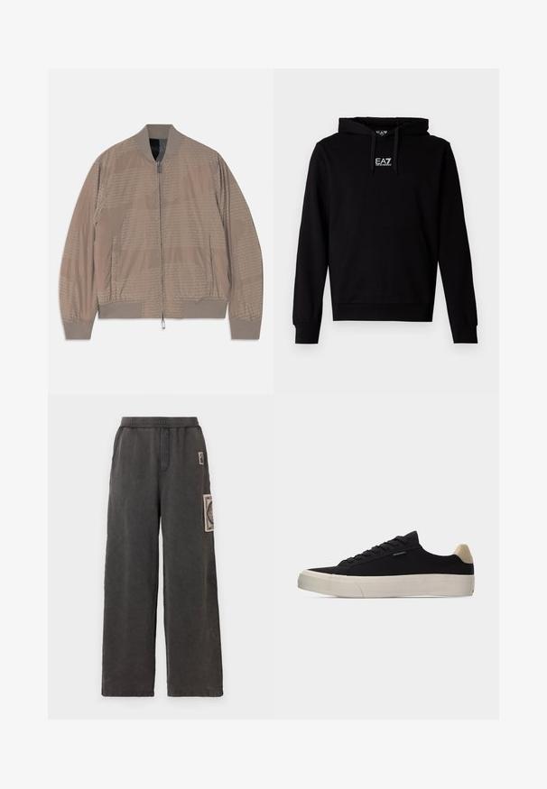 Vaaleanruskea bomber-takki, jossa on täysi etuvetoketju, ribatut kaulus, hihansuut, helma, sivutaskut ja hienovarainen toistuva "EMPORIO ARMANI" -tekstimalli.; Musta puuvillainen huppari, jossa on etutasku, säädettävä kiristysnauhallinen huppu ja valkoinen EA7-logo rinnassa. Pitkät hihat ja resorit hihansuissa.; Yksinkertaiset leveälahkeiset housut tummasta harmaasta kankaasta, joissa on koristeellinen alue etutaskussa ja joustava vyötärö mukavuuden takaamiseksi.; Musta matala tennari, jossa on beige kantatappi, valkoinen paksu kumipohja, mustat nauhat ja pieni "PS Paul Smith" -etiketti sivussa.