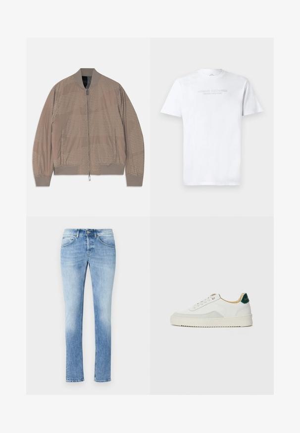 Kergepruun bomber-jakk täispika tõmblukuga, soonikkoes krae, varrukad ja alläär, küljetaskud ning diskreetne korduv "EMPORIO ARMANI" tekstimuster.; Valge puuvillane T-särk, millel on ümmargune kaelus, lühikesed varrukad ning esiküljel reljeefne "ARMANI EXCHANGE MILANO/NEW YORK" logo.; Heledad sinine teksapüksid sirge lõikega, viie taskuga ja tõmblukuga. Omab peent pleekimist ja õmblusdetailide esitlemist.; Valged tennisjalanõud, millel on sametised aktsendid, ümar varvas, lame nöörid ja kreemjas kummine põhja. Hästi nähtav roheline bränding kannal.