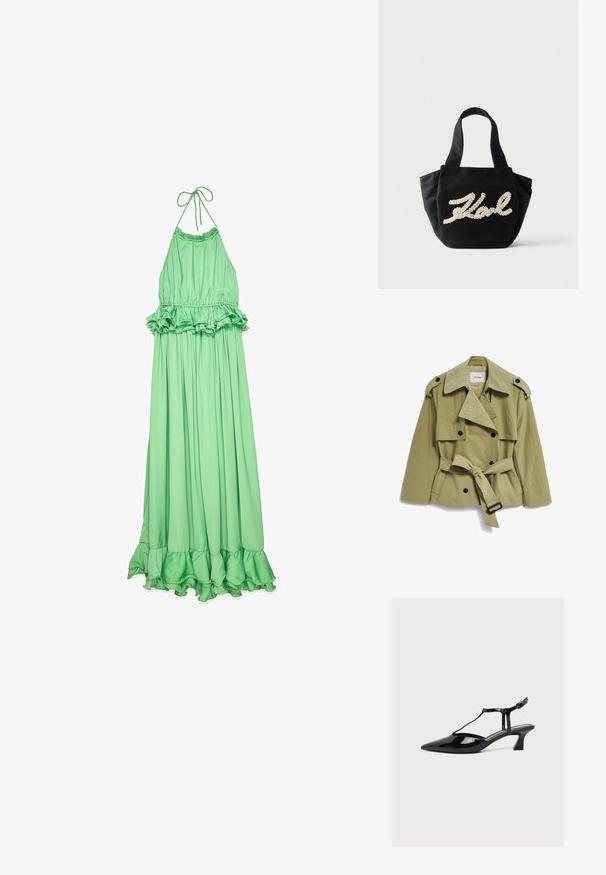 Lichtolijfgroene cropped trenchcoat met dubbele rij knopen, schouderepauletten, brede kraag en ceintuur in de taille.; Groene halter maxi-jurk van gladde stof, met een ruches taille en zoom, en een vloeiende, geplooide silhouet.; Zwarte lakleren lage hak schoen met puntige neus, T-bandje en gespsluiting op een lichte neutrale achtergrond.; Zwarte stoffen draagtas met brede handvatten, met crèmekleurig gerimpeld schrift waarop "Zoe" staat aan de voorkant.