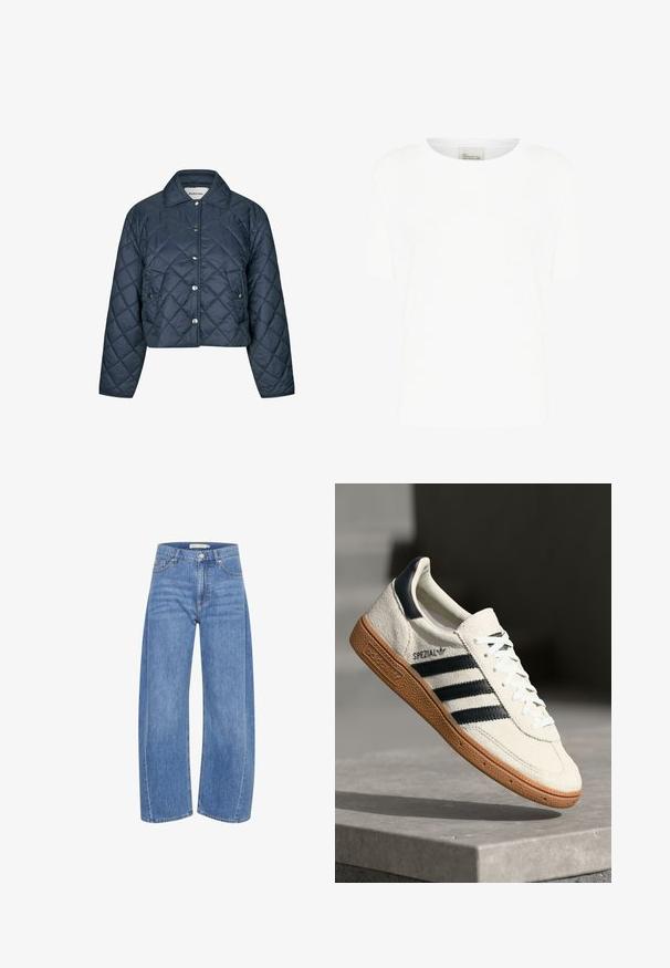 Marineblauwe doorgestikte jas met drukknopen, twee voorzakken, lange mouwen en een kraag.; Witte t-shirt met korte mouwen, gemaakt van zachte katoen, met een ronde halslijn en een ontspannen fit, zonder zichtbare patronen of accenten.; Lichtblauwe denim wijde broek met hoge taille, voorzien van een knoop en ritssluiting, vijf zakken en subtiele vervagingsdetails.; Witte suède sneakers met marineblauwe strepen, rubberen gumzool, gestructureerde bovenkant, ronde neus en veters; heeft branding aan de zijkant en op de tong.