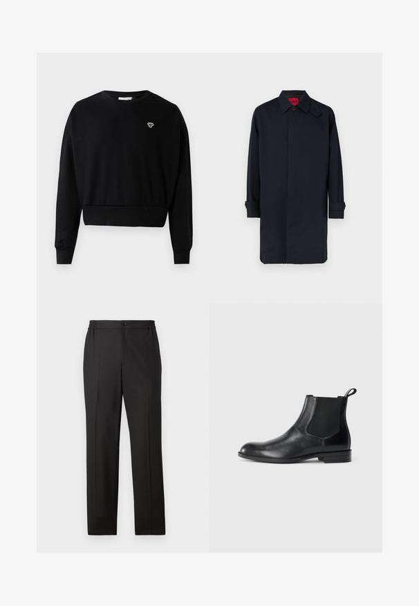 Navyblå frakke med lige snit, knaplukning og op rullede ærmer. Fremstillet af glat stof med klassisk kravedesign.; Sort cropped sweatshirt med rund halsudskæring, lange ærmer og et lille broderet logo på brystet, lavet af en blød bomuldsblanding.; Sorte bukser med lige ben, elastisk talje med knaplukning, flad front og glat stofoverflade.; Sorte læder ankelstøvler med elastiske sidepaneler, rund tå og en trækloft. Glat tekstur, flad sål, minimalistisk design.