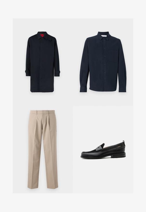 Marineblauwe jas met een rechte snit, knoopsluiting en opgerolde mouwen. Gemaakt van gladde stof met een klassiek kraagontwerp.; Navyblauwe shirt met lange mouwen van zachte stof, met een knoopsluiting aan de voorkant, een puntige kraag en een enkele borstzak.; Beige, op maat gemaakte broek met riemlussen, voorplooien en rechte pijpen, weergegeven tegen een witte achtergrond.; Zwarte leren loafer met grijs riemdetailelement, lage hak en gestructureerde zool, aan de zijkant gebrandmerkt met "HUGO" in goud.