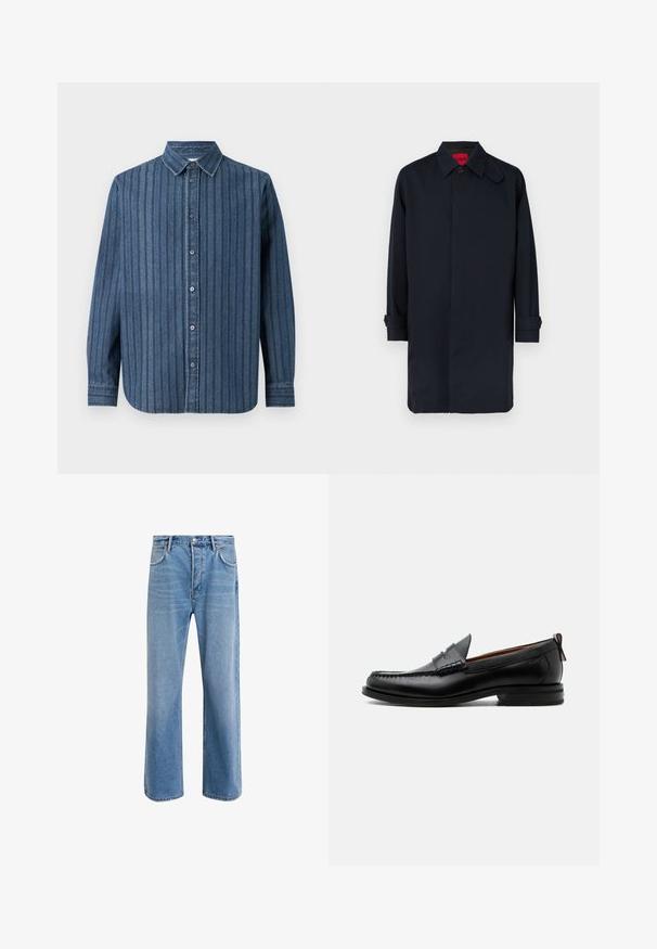 Marineblauer Mantel mit geradem Schnitt, Knopfverschluss und hochgekrempelten Ärmeln. Hergestellt aus glattem Stoff mit klassischem Kragen.; Samsøe Samsøe SADAMON SHIRT - Hemd - denim; Helle blaue Jeans im Geradeschnitt-Design, mit fünf Taschen, Knopfverschluss, minimaler Ausbleichung und kontrastierenden Nähdetails.; Schwarzer Leder-Herrenschuh mit Mokassinnaht, Penny-Riemen, strukturiertem Kragen und niedrigem gestapeltem Absatz auf weißem Hintergrund.