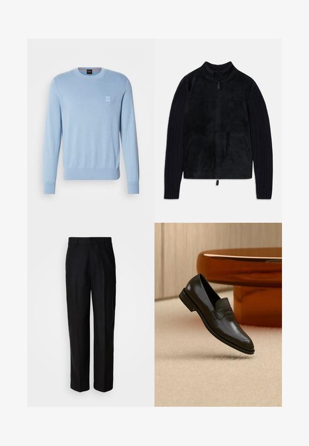 Sort jakke med en glat suede krop og teksturerede strikkede ærmer. Har en høj krave, lynlåslukning og sidelommer.; Lyseblå sweater lavet af et blødt materiale, med rund halsudskæring, ribbede manchetter og et lille logo-patch på brystet.; Sorte bukser lavet af glat stof, med lige ben, flad front og bæltestropper, præsenteret mod en ensfarvet baggrund.; Sort læderloafer med et elegant design, der har et struktureret bånd og en glat finish. Placeret mod en blød, lys baggrund.