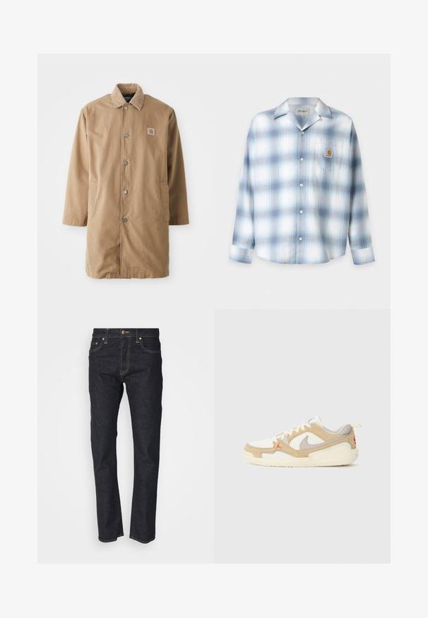 Beige lang frakke lavet af slidstærkt stof, med en corduroy krave, metal trykknapper og to sidelommer. Carhartt logo patch på brystet.; Lyseblå og hvid ternet langærmet skjorte med knapper, spids krave og brystlomme foran med et Carhartt-logo.; Mørkeblå denim jeans med lige pasform, der har knaplukning, fem lommer og gyldne stikninger. Glat tekstur.; Hvide og beige sneakers med net- og ruskindspaneler, grå accenter, rødt logo og orange trækflap. Rund tå og polstret således design.