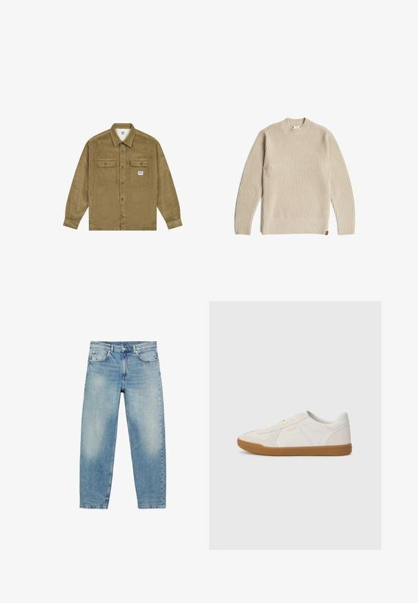 Lee WORKWEAR - Jeansjacke - dark khaki; Beiger gerippter Strickpullover mit langen Ärmeln und rundem Ausschnitt, flach auf weißem Hintergrund liegend.; Blue Jeans mit geradem Bein, vorderen Taschen und Gürtelschlaufen, die leichte Verblassungen an Oberschenkeln und Knien zeigen.; Weiße Sneaker aus glattem Leder mit einer Sohle aus Gummi, ausgestattet mit einfachen Nähten und einem kleinen goldenen Logo an der Seite.