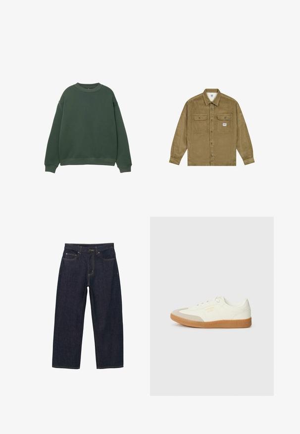 Lee WORKWEAR - Cowboyjakker - dark khaki; Mørkegrøn sweatshirt med rund hals, lange ærmer og ribbede manchetter. Fremstillet af et blødt, struktureret stof med et afslappet fit design.; Mørkeblå denimbukser med løs pasform, med gyldne syninger, frontknaplukning og to sidelommer.; Sneaker lavet af hvid læder med en beige tåhætte og let brunt gummisål. Har flade hvide snørebånd og prægede branding på siden.