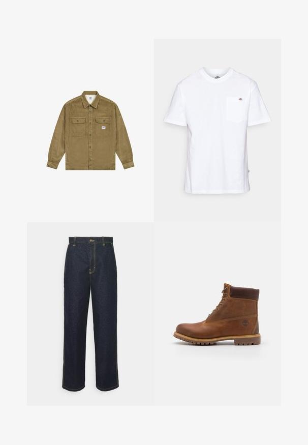 Lee WORKWEAR - Spijkerjas - dark khaki; Witte katoenen t-shirt met een ronde hals, korte mouwen en een borstzak met een klein merklogo aan de linkerkant.; Wijde donkerblauwe spijkerbroek met gele stiksels, voorzien van een knoopsluiting aan de voorkant en zijzakken. Glad van textuur en met een traditioneel ontwerp.; Bruine leren wandelschoen met een gladde afwerking, gevoerde enkel, metalen oogjes en een rubberen zool met een robuust profiel.