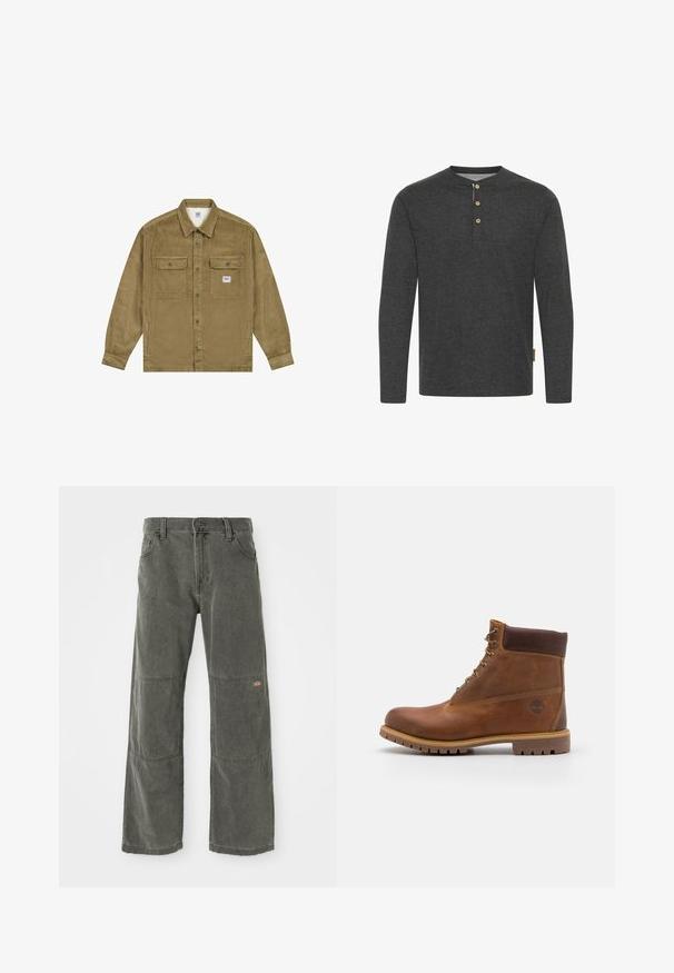 Lee WORKWEAR - Jeansjacke - dark khaki; Dunkelgraues Langarmshirt aus weichem Material, mit einem Henley-Ausschnitt und drei Holzknöpfen sowie einem Seitenschild.; Dunkelgraue, weit geschnittene Hose aus strapazierfähigem Material, mit Knieschützern, klassischem Druckknopfverschluss und genähten Akzenten.; Braune Lederwanderschuhe mit glatter Oberfläche, gepolstertem Knöchel, Metallösen und einer Gummisohle mit robustem Profil.