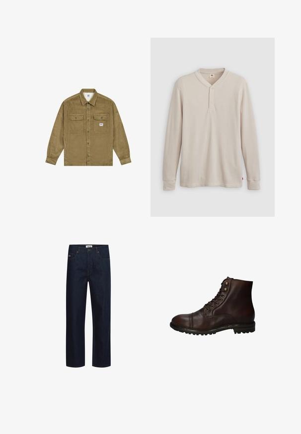 Lee WORKWEAR - Cowboyjakker - dark khaki; Langærmet henley-skjorte i lys beige ribbet stof, med V-hals, tre-knap placket og manchetter ved ærmerne. Rød logo-tags ved kanten.; Mørkeblå denimjeans med lige ben, der har fem lommer, kontrasterende syninger og en mærket label på taljebåndet.; Mørkebrun læder snørebånd ankelstøvle med robuste gummisål og metaløjer, set fra den ydre side.