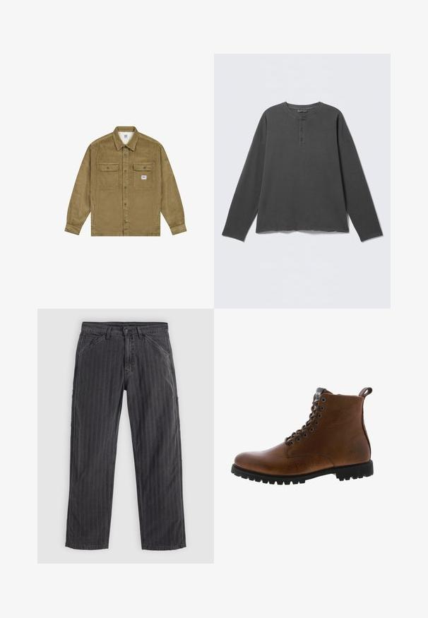 Lee WORKWEAR - Cowboyjakker - dark khaki; Mørkegrå langærmet henley-shirt med rund halsudskæring og tre knapper på frontpladen.; Sortstribede bukser lavet af bomuldsblandingsstof. Har et lige ben-design, sidelommer og en knaplukning.; Brune læder ankelstøvler med tekstureret overflade, metaløjer og sort gummisål. Har en træktab bagpå for nem påtagning.
