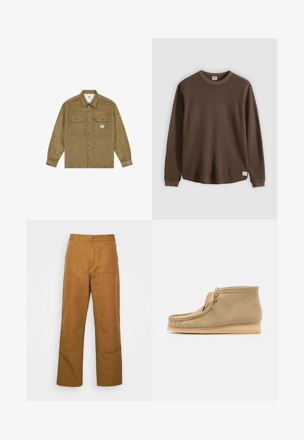 Lee WORKWEAR - Jeansjacke - dark khaki; Braunes, geripptes Langarmshirt aus strukturiertem Stoff, ausgestattet mit einem runden Ausschnitt und einem kleinen Etikett am unteren Saum.; Braune Baumwoll-Arbeitshosen mit geradem Bein, die über Vordertaschen und Metallakzente für zusätzliche Strapazierfähigkeit verfügen.; Beige Wildleder-Stiefeletten mit runder Spitze, flacher Sohle und einfachem Schnürdesign. Verfügt über sichtbare Nähte und eine glatte Textur.
