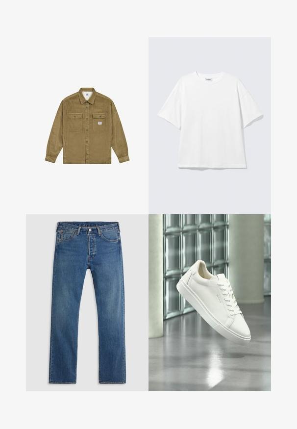 Lee WORKWEAR - Cowboyjakker - dark khaki; Hvid oversized t-shirt med korte ærmer og rund halsudskæring med sænkede skuldre, fladt lagt på lys grå baggrund.; Blå straight-leg denimjeans med fem lommer, bæltestropper og lukning med knap og lynlås foran på en ensfarvet baggrund.; Hvid lav top sneaker med snørebånd, der svæver over en reflekterende betongulv mod en glasblokvæg baggrund.