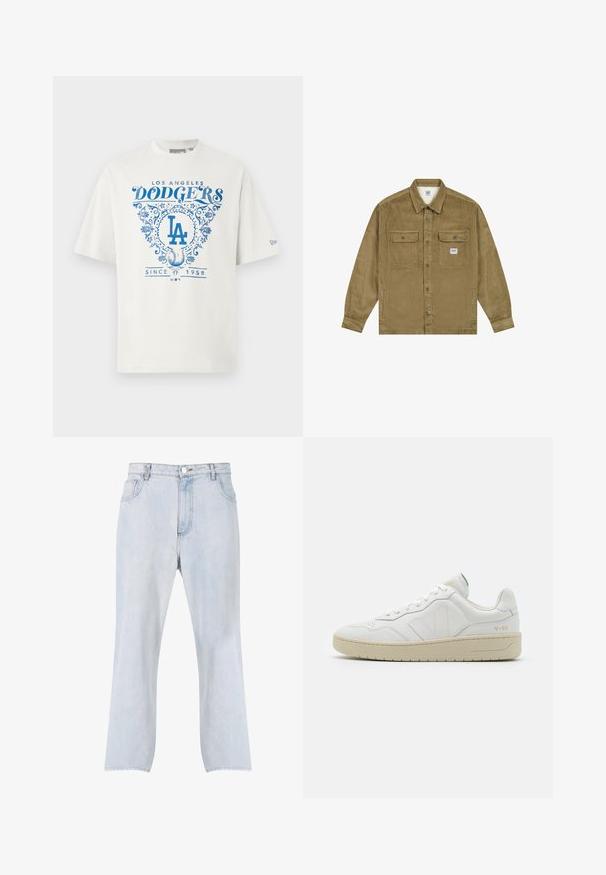 Lee WORKWEAR - Jeansjacke - dark khaki; Weißes Baumwoll-T-Shirt mit blauem Grafiktext "LOS ANGELES DODGERS" und "SINCE 1958" sowie floralen Akzenten und dem "LA"-Logo in der Mitte.; Hellblaue Denim-Jeans mit geradem Bein, vorderer Knopf- und Reißverschluss und Fünf-Taschen-Design.; Weiße Leder-Sneaker mit strukturierter Oberfläche und gepolstertem Kragen. Sie verfügen über eine beigen Gummisohle und dezente Markenkennzeichnung an der Ferse und an der Seite.