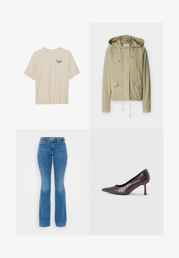 Veste à capuche beige clair avec fermeture éclair à l'avant, deux poches à rabat, une poche poitrine et cordons ajustables sur la capuche et l'ourlet.; T-shirt en coton beige à manches courtes, avec un petit graphique marron d'ailes et le texte "SLEEPY CLUB" sur la poitrine.; Jeans en denim bleu évasés avec une taille haute, un design à cinq poches, et une fermeture classique à bouton et zip. Tissu texturé de poids moyen.; Escarpins à bout pointu en similicuir marron avec une texture crocodile, dotés d’un talon fin et angulaire ainsi que d’une doublure intérieure lisse.