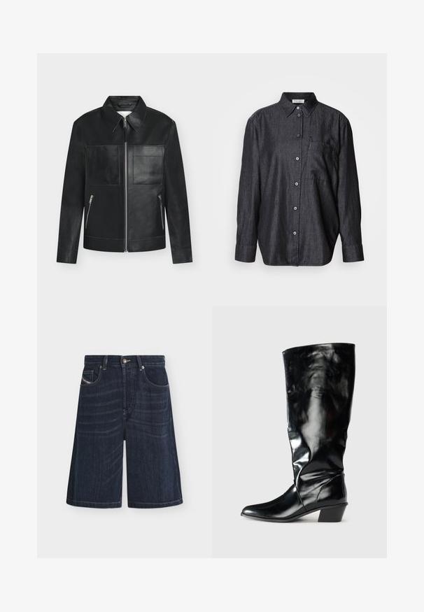 Veste en cuir noire avec deux poches plaquées à l'avant, deux poches latérales zippées, fermeture éclair et col pointu sur fond blanc.; Chemise à manches longues gris foncé en tissu léger, avec un devant à boutons, un col et une poche poitrine unique.; Short en denim bleu foncé avec poches avant, passants de ceinture, fermeture par bouton et détails de couture visibles.; Botte noire montée jusqu'au genou en cuir brillant, avec un bout pointu et un petit talon bloc, au design élégant et ajusté.