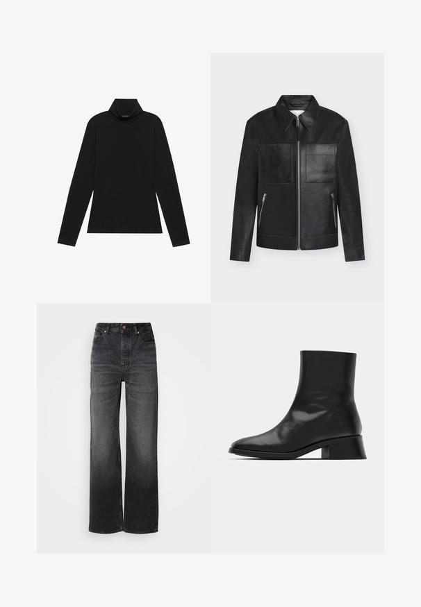 Zwarte leren jas met twee opgestikte voorzakken, twee zijzakken met rits, ritssluiting en een puntige kraag op een witte achtergrond.; Zwarte langetermijn turtleneck. Zachte stof, getailleerd design, hoge kraag en zijnaad. Eenvoudige en veelzijdige stijl die geschikt is voor het laagjes dragen.; Zwarte denim jeans met wijde pijpen en een hoge taille, vijf zakken, knoopsluiting en een subtiele vervaagde textuur. Dikke stof met een gestructureerde pasvorm.; Zwarte enkelboot van glanzend leer, met een slank ontwerp, spitse neus en een gematigde blokhak voor stabiliteit.