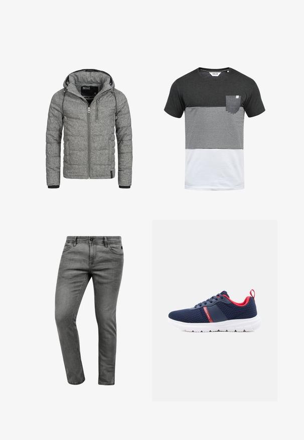 Grå polstret jakke med en struktureret finish, lynlåslukning, hætte og to lommer med lynlås. Har elastiske manchetter og justerbar snor.; Herre T-shirt med en mørkegrå øverste sektion, vandrette sort og hvide striber i midten og en ensfarvet hvid nederste sektion. Indeholder en lomme.; Grå denim jeans med slim fit, der har fem lommer, en knaplukning og diskrete syninger. Blød tekstur og enkelt design.; Marineblå sports-sneakers med rød foring, hvid sål, mesh-overdel, snørelukning og "Jack & Jones"-label på siden.