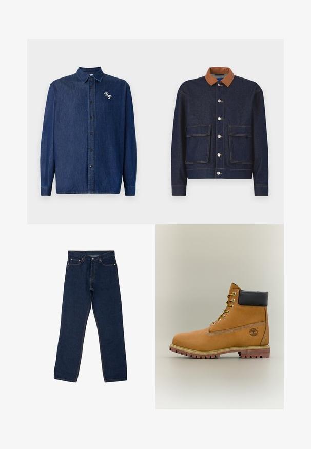 Chaqueta de mezclilla con un collar de cuero sintético marrón, botones a presión plateados y dos bolsillos frontales. Tejido azul oscuro con costuras de contraste.; Camisa de denim azul oscuro con cierre de botones en la parte delantera, mangas largas y cuello puntiagudo. Presenta un logo "RP" bordado en blanco.; Vaqueros de mezclilla azul oscuro con un diseño de pierna recta, costuras visibles en naranja contrastante, cinco bolsillos y un cierre de botón estándar.; Bota de tobillo de cuero marrón con cuello negro, cordones amarillos y suela beige. Presenta un logotipo y detalles de costura blanca. Suela exterior con tracción robusta.