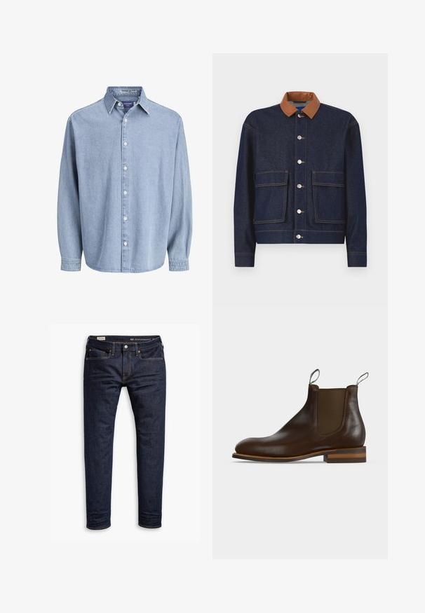 Chaqueta de mezclilla con un collar de cuero sintético marrón, botones a presión plateados y dos bolsillos frontales. Tejido azul oscuro con costuras de contraste.; Camisa de mezclilla de manga larga color azul claro con cuello y botones blancos, presentada sobre un fondo blanco liso.; Jeans de mezclilla azul oscuro con corte slim, que cuentan con costuras naranjas, diseño de cinco bolsillos y herrajes metálicos. Textura suave, sin patrones.; Botín Chelsea de cuero marrón oscuro con panel lateral elástico, pestañas para tirar en la parte delantera y trasera, tacón bajo apilado y puntera redondeada.