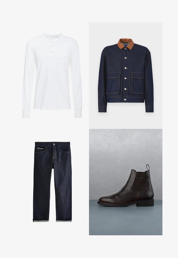 Chaqueta de mezclilla con un collar de cuero sintético marrón, botones a presión plateados y dos bolsillos frontales. Tejido azul oscuro con costuras de contraste.; Camisa henley de manga larga blanca en tejido ligero, con cuello redondo, tapeta de tres botones y puños ajustados.; Vaqueros de mezclilla azul oscuro con puños doblados, cierre de botón y cremallera, bolsillos delanteros y para monedas, y costuras en contraste sobre un fondo blanco.; Bota chelsea de cuero marrón con paneles laterales elásticos, una lengüeta y un acabado suave, sobre una superficie texturizada de ladrillo y grava.