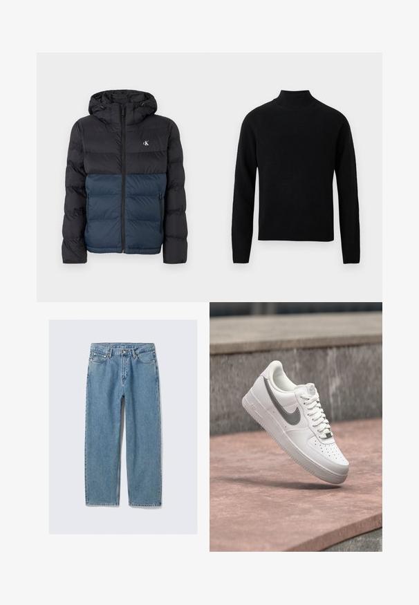 Padded jacket s kapucňou, s čiernou hornou časťou a námorníckou spodnou časťou, so zipsovým zatvorením a logom na hrudi. Hladká, ľahká tkanina.; Čierny rolákový sveter s dlhými rukávmi, vyrobený z mäkkého pleteného materiálu. Má rebrovaný golier a lem pre priliehavý vzhľad.; Svetlomodré rifle s rovnými nohavicami, prednými vreckami, pútkami na opasok a zapínaním na gombíky na jednoduchej pozadí.; Biela teniska Nike Air Force 1 so sivým logom swoosh, ktorá visí nad kamenným povrchom a sivou kamennou stenou v pozadí.
