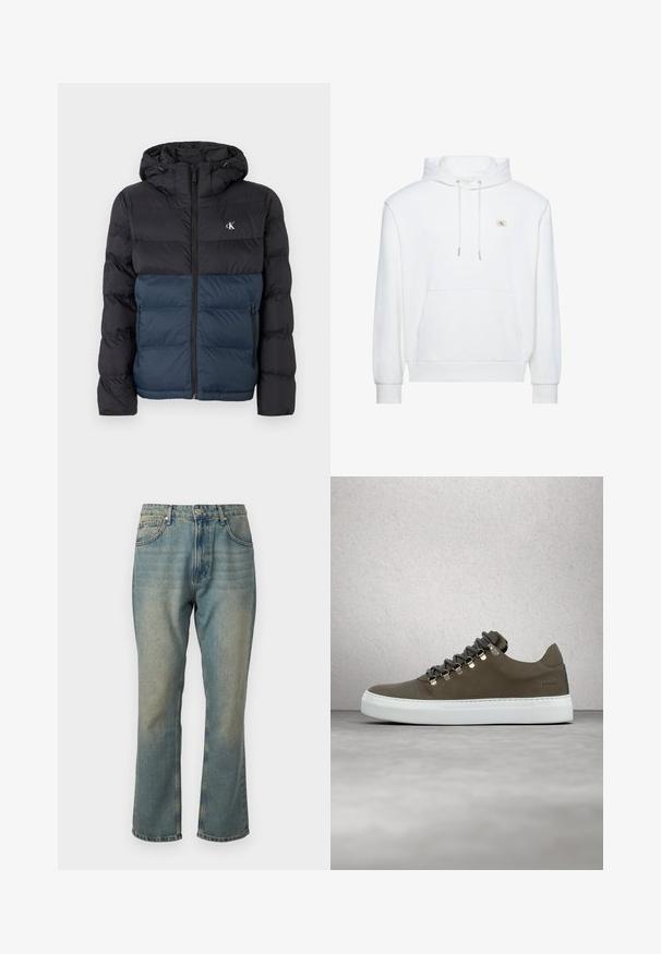 Padded jacket s kapucňou, s čiernou hornou časťou a námorníckou spodnou časťou, so zipsovým zatvorením a logom na hrudi. Hladká, ľahká tkanina.; Biela mikina s kapucňou, predným vreckom a šnúrkami, s malým logom Calvin Klein na hrudi.; Vyblednuté modré denimové nohavice so strižou priamo nohavice, piatimi vreckami a zapínaním na gombík. Obsahuje jemné detaily svetlejšieho umývania.; Olívovo zelená kožená teniska s bielou gumovou podrážkou, sivými šnúrkami a zlatými očkami. Má hladkú textúru a zaoblený tvar špice.