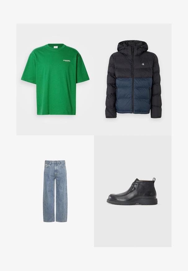 Polstret jakke med hætte, sort topdel og marineblå bunddel, lynlåslukning og logo på brystet. Glat, letvægtsstof.; Grøn bomulds T-shirt med afslappet pasform, korte ærmer og rund hals. Har et lille hvidt logo foran.; Lyseblå jeans med lige ben, foran lukning med knap og lynlås, bæltestropper og fem-lomme design.; Sorte læder ankelstøvler med rund tå, snørelukning og en løkke bagpå. Tekstureret overdel og gummisål.
