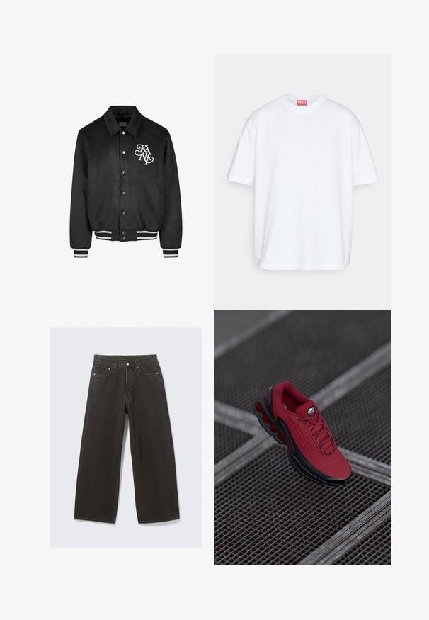 Zwarte varsity-stijl jas met drukknoopsluiting, witte logo op de linkerborst en zwart-witte gestreepte manchetten en tailleband.; Diesel BOGGY MEGOVAL - T-shirt print - white; Wijdbenige zwarte denim jeans hebben een hoge taille, vijf zakken en een knoopsluiting. De stof heeft een zachte, gestructureerde afwerking.; Rode sneaker met een gestructureerde bovenkant, voorzien van zwarte accenten en een opvallend ontwerp van luchtkussensole. Veters en logo zijn zichtbaar aan de bovenkant.