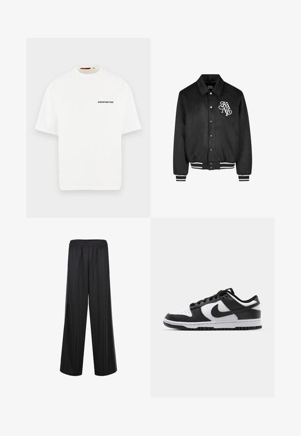 Veste de style varsity noire avec boutons-pression, logo blanc sur la poitrine gauche, et poignets et taille rayés noir et blanc.; T-shirt blanc à manches courtes avec col rond et le mot « PROHIBITED » imprimé en petites lettres noires sur la poitrine gauche.; Pantalon noir à jambes larges avec taille élastique et fines rayures verticales, conçu pour un usage décontracté ou sportif.; Baskets Nike Dunk en noir et blanc avec une tige en cuir, un bout perforé, des lacets noirs et une semelle en caoutchouc noir avec un motif de semelle.