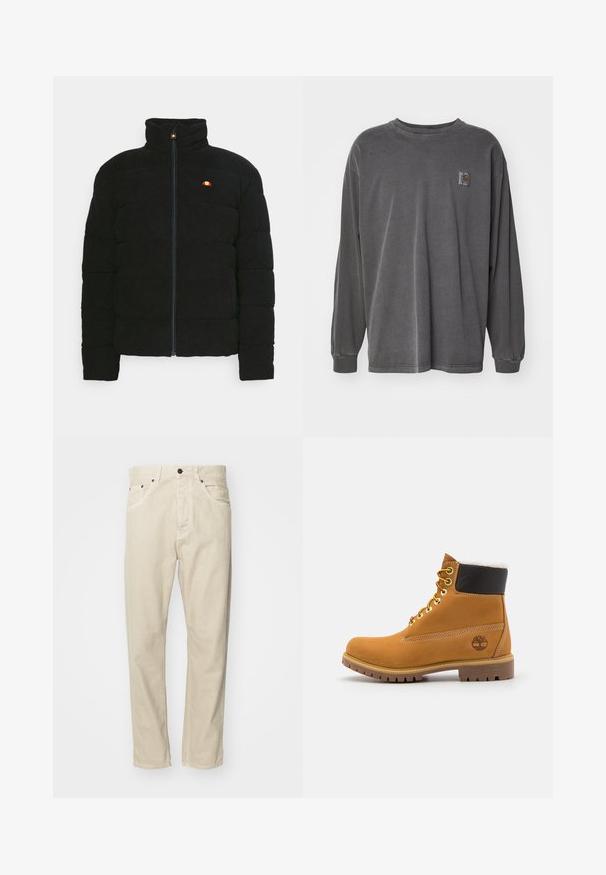 Sort polstret jakke med høj krave, forsynet med lynlås foran og et lille flerfarvet logo på brystet. Tekstureret stof og struktureret pasform.; Carhartt WIP VISTA - Langærmet T-shirt - graphite; Beige, bomuldsbukser med lige pasform, fem lommer og metalhardware detaljer. Glat tekstur med minimale syninger.; Brune læder ankelstøvle med metaløjer, hvid pelsforing, sort polstret krave, robust sål og præget logo på siden.
