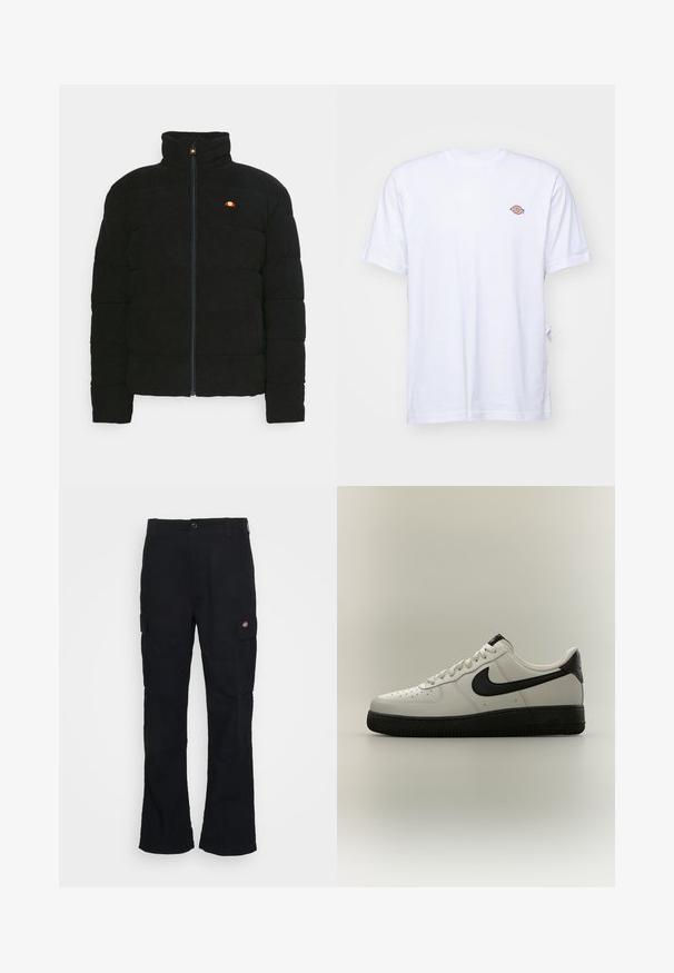 Veste matelassée noire avec col haut, dotée d'une fermeture éclair à l'avant et d'un petit logo multicolore sur la poitrine. Tissu texturé et coupe structurée.; T-shirt en coton blanc avec un col en V et des manches courtes. Présente un petit logo coloré brodé sur la poitrine gauche. Texture douce.; Pantalons cargo noirs avec une coupe droite, fabriqués en tissu durable, dotés de poches latérales et d'un logo en patch sur le côté gauche.; Baskets basses blanches avec le swoosh Nike noir, languette de talon noire et semelle noire épaisse sur un fond neutre.