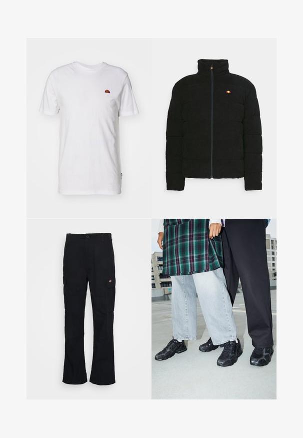 Veste matelassée noire avec col haut, dotée d'une fermeture éclair à l'avant et d'un petit logo multicolore sur la poitrine. Tissu texturé et coupe structurée.; T-shirt blanc uni à manches courtes avec un petit logo en demi-cercle rouge et orange sur la partie supérieure gauche de la poitrine.; Pantalons cargo noirs avec une coupe droite, fabriqués en tissu durable, dotés de poches latérales et d'un logo en patch sur le côté gauche.; Baskets de sport noires avec des accents en mesh et en caoutchouc. Portées avec un jean large gris clair et un haut à carreaux vert. Fond à surface plane.
