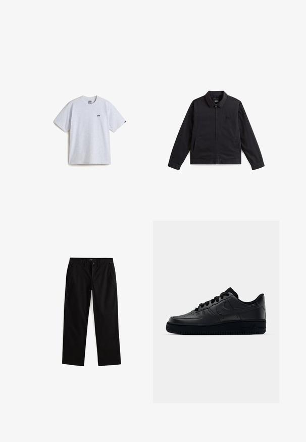 Sort, let jakke med lynlåslukning, spids krave og sidelommer. Har et subtilt præget logo på brystet.; Lys grå kortærmet t-shirt lavet af bomuld, med et lille sort logo på brystet og en rund halsudskæring. Enkel design, ingen mønstre.; Sorte bomuldsbukser med lige ben-design, der har forlommer, bæltestropper og knaplukning. Glat overflade, minimal detaljering.; Sort Nike Air Force 1 sneaker med en glat læderoverdel, perforeret tå for åndbarhed, sorte snørebånd og en textured gummisål.