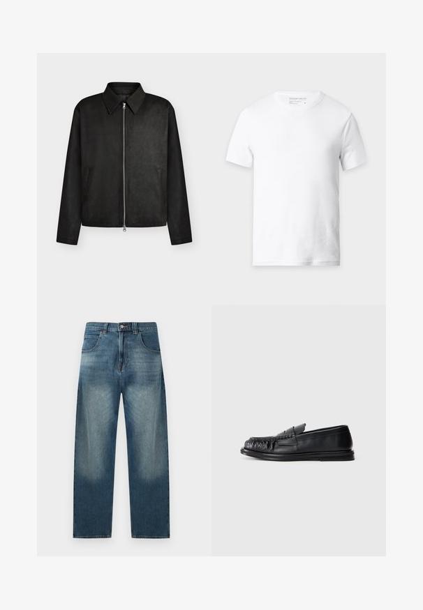 Veste noire zippée avec col pointu, manches longues et deux poches latérales, présentée sur un fond clair uni.; T-shirt en coton blanc uni à manches courtes avec une texture côtelée et un col rond, présenté sur un fond gris clair.; Jean en denim bleu à jambes droites avec un avant délavé, cinq poches, passants pour ceinture, fermeture par bouton et braguette zippée.; Mocassin en cuir noir avec un bout arrondi et froncé, et une semelle plate sur un fond blanc uni.