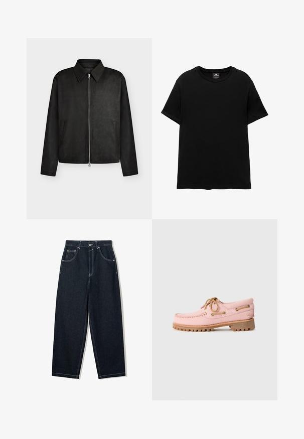 Zwarte jas met rits, met puntige kraag, lange mouwen en twee zijzakken, getoond tegen een effen lichte achtergrond.; Zwart T-shirt met korte mouwen en ronde hals, met Pull&Bear-label aan de binnenkant van de kraag, plat gelegd op een witte achtergrond.; Wijdbenige, donkerblauwe spijkerbroek met contrasterende witte stiksels, vijf zakken en een knoopsluiting. Voorzien van een hoge taille.; Roze leren bootshoe met tan kleurige veters, metalen oogjes en een dikke bruine rubberen zool, zijwaarts weergegeven op een witte achtergrond.