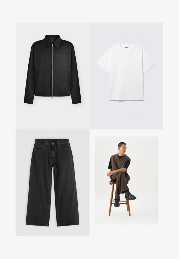 Schwarze Reißverschlussjacke mit spitzem Kragen, langen Ärmeln und zwei Seitentaschen, gezeigt auf einem einfarbigen hellen Hintergrund.; Weißes T-Shirt mit kurzen Ärmeln und Rundhalsausschnitt, flach liegend, schlichtes Design, mit „WEEKDAY“-Etikett innen im Kragen auf hellem Hintergrund.; Schwarze Jeans mit weitem Bein, Vordertaschen, Gürtelschlaufen und Knopfverschluss, auf schlichtem hellem Hintergrund dargestellt.; Brauner Strickwesten über einem schwarzen T-Shirt, kombiniert mit braunen weiten Hosen und schwarzen klobigen Schuhen, auf einem Holzschemel sitzend.