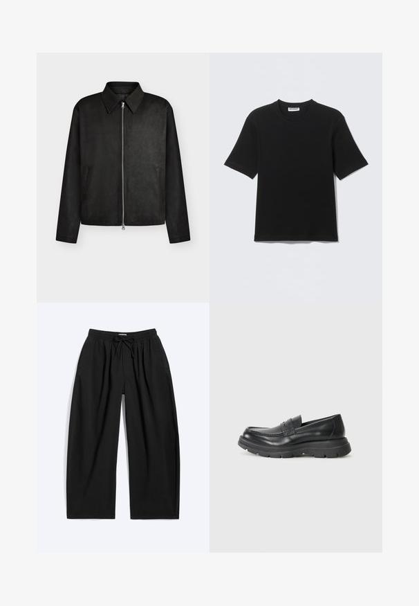 Veste noire zippée avec col pointu, manches longues et deux poches latérales, présentée sur un fond clair uni.; T-shirt noir à manches courtes avec col rond, portant une étiquette "WEEKDAY" à l'intérieur du col, présenté à plat sur un fond clair.; Pantalon noir à jambes larges avec taille élastique et cordon, avec poches latérales et coupe décontractée.; Chaussure noire en cuir à enfiler avec un design mocassin, embout arrondi, semelle en caoutchouc épaisse et subtil détail de couture sur la partie supérieure.