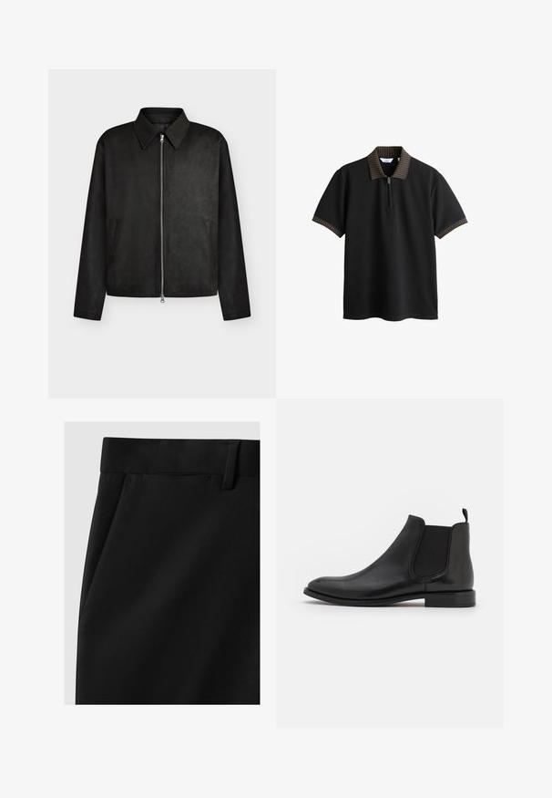 Schwarze Reißverschlussjacke mit spitzem Kragen, langen Ärmeln und zwei Seitentaschen, gezeigt auf einem einfarbigen hellen Hintergrund.; Schwarzes Poloshirt mit kurzen Ärmeln, braun strukturiertem Kragen und Ärmelsäumen, mit kurzem Reißverschluss vorne.; Schwarze maßgeschneiderte Hosen mit glatter Textur, ausgestattet mit einem flachen Bund, seitlichen Taschen und einem geraden Bein.; Schwarze Leder-Chelsea-Stiefel mit elastischen seitlichen Riemen, einer abgerundeten Kappe und einem niedrigen Absatz. Glatte Textur mit minimalistischer Gestaltung.