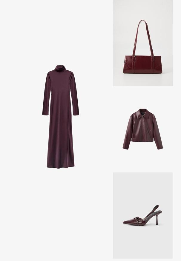 Donker bordeaux faux leren jas met een brede kraag, ritssluiting aan de voorkant, lange mouwen en twee verticale zakken aan de voorkant.; Langshemd, turtleneck jurk in diep bordeauxrood, gemaakt van een gladde stof. Heeft een rechte silhouet en reikt tot halverwege het onderbeen. Geen zichtbare patronen.; Bordeauxrode lakleren slingback met puntige neus, dunne enkelband en kleine decoratieve gespsluiting. Gladde textuur en hoge hak.; Bourgondische handtas van glanzend materiaal, rechthoekige vorm, met twee schouderbanden en subtiele gebogen accenten aan de voorkant.