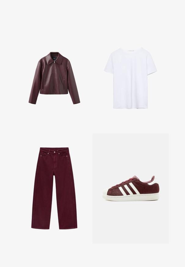 Mørk burgundy jakke i kunstlæder med bred krave, lynlås foran, lange ærmer og to lodrette lommer foran.; Simpel hvid kortærmet t-shirt med rund hals og lige kant, præsenteret på en hvid baggrund.; Bordeaux bredde ben jeans lavet af bomuldsdenim, med fire-pocket design og metalknap lukning med matchende syninger.; Vinrød sneaker med hvid gummitåhætter og sål, med tre hvide striber på siden og vinrøde snørebånd.