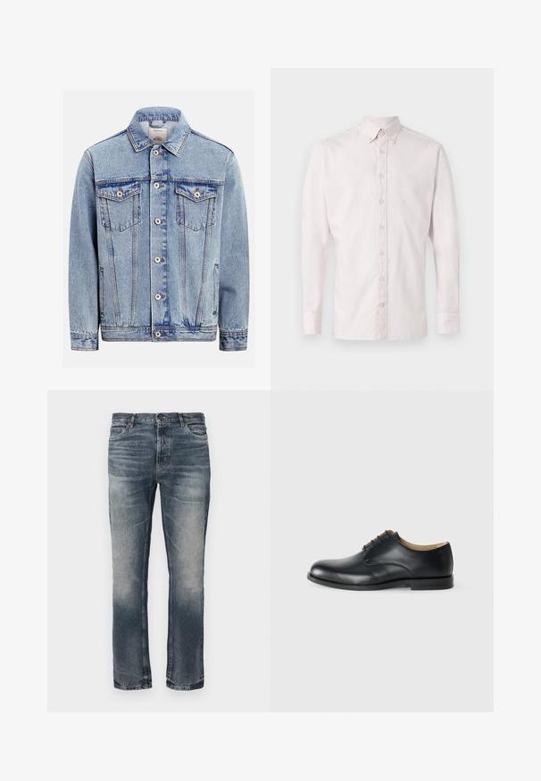 Lichtblauw denimjack met knoopsluiting aan de voorkant, twee borstflappenzakken met knopen, zijzakken en een klassieke kraag.; Lichtroze langemouwen shirt met een button-down kraag, frontale knoopsluiting en subtiele textuur. Bevat een klein logo boven de borst.; Blauwe denim jeans met een rechte pijp. Licht vervaagde gebieden, klassiek vijf-pocket ontwerp en een enkele metalen knoopsluiting bij de taille.; Calvin Klein ESS DERBY - Veterschoenen - triple black