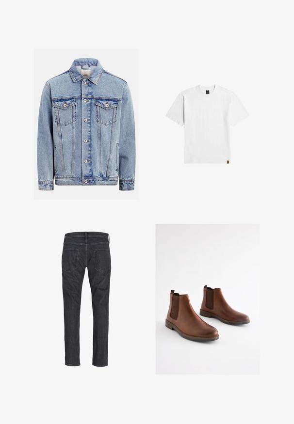 Hellblaue Jeansjacke mit durchgehendem Knopfverschluss vorne, zwei Brusttaschen mit Klappen und Knöpfen, Seitentaschen und klassischem Kragen.; Schlichtes weißes T-Shirt mit kurzen Ärmeln und Rundhalsausschnitt, mit einem kleinen schwarzen Etikett am Kragen und einem braunen Label am unteren Saum.; Dunkelgraue Jeans mit geradem Bein, von hinten gezeigt, mit zwei Gesäßtaschen und Gürtelschlaufen am Bund.; Braune Leder-Stiefeletten mit elastischen seitlichen Einsätzen, einer abgerundeten Spitze und einem gestapelten Absatz. Glatte Textur mit kontrastierenden braunen Akzenten.