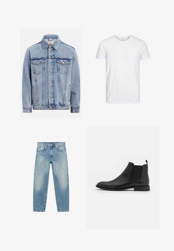 Lyseblå denimjakke med knaplukning foran, to brystlommer med klappe og knapper, sidelommer og en klassisk krave.; Rundhals kortærmet t-shirt i ensfarvet hvid, lavet af blød bomuld, har et simpelt design uden synlige mønstre eller detaljer.; Blå straight-leg denim jeans med forlommer og bæltestropper, der viser let falmede detaljer på lår og knæ.; Sorte læder Chelsea støvle med elastiske sidepaneler, en rund tå og en lav hæl. Glat tekstur med et minimalistisk design.