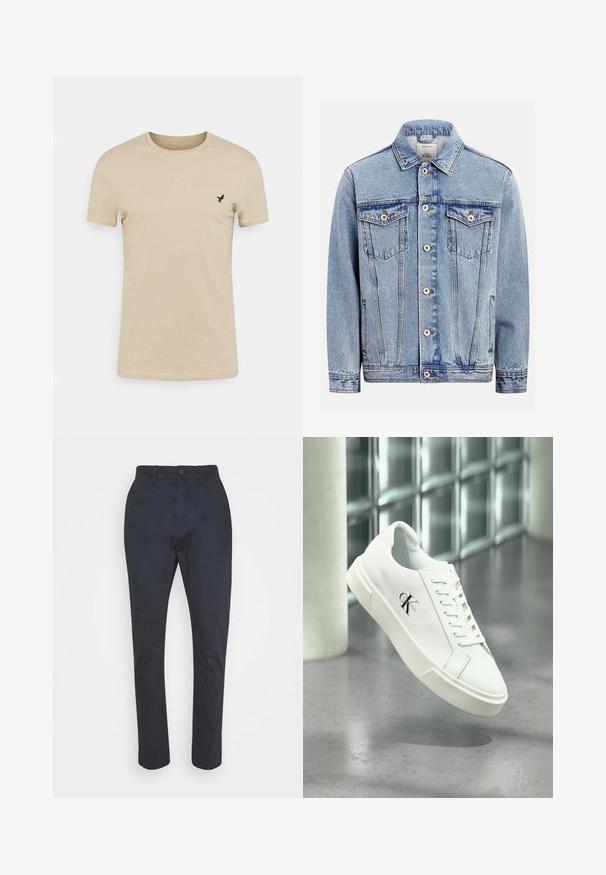 Lyseblå denimjakke med knaplukning foran, to brystlommer med klappe og knapper, sidelommer og en klassisk krave.; Beige kortærmet T-shirt lavet af blødt stof, med rund halsudskæring og et lille sort fugle-logo på venstre brystområde.; Mørkeblå tapered bukser lavet af letvægts bomuldsstof; har en knaplukning og standard fem lommer.; Hvid Calvin Klein sneaker med snørebånd, vist svævende over en poleret betongulv og en baggrund af glasblokke.
