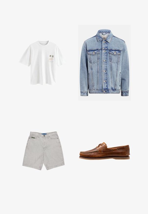 Lichtblauw denimjack met knoopsluiting aan de voorkant, twee borstflappenzakken met knopen, zijzakken en een klassieke kraag.; Next T-SHIRT - T-shirt print - white japan; Lichtgrijze denim shorts met knoop aan de voorkant, rits, lussen voor een riem en een klein patchlogo op de rechterzak.; Brown leren botenschoen met gestikte accenten, voorzien van metalen oogjes, een verhoogde naad op de neus en een platte rubberen zool.